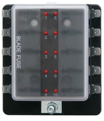 Box for 10 standard fuses with LED warning and busbar, max 100A