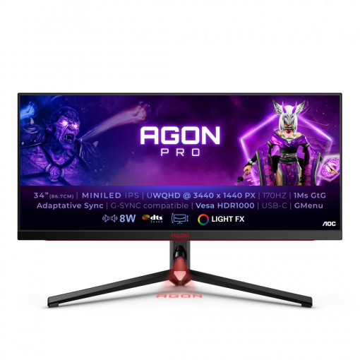 MONITOR AOC AG344UXM 34 inch, Panel Type: IPS, Backlight: MiniLED, Resolution: 2560x1440, Aspect Ratio: 21:9, Refresh Rate:170Hz, Response time GtG: 1ms, Brightness: 1000 cd/m², Contrast (static): 1000:1, Contrast (dynamic): 80M:1, Viewing angle: