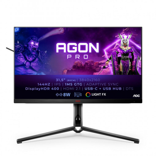 MONITOR AOC AG324UX 31.5 inch, Panel Type: IPS, Backlight: WLED, Resolution: 3840x2160, Aspect Ratio: 16:9, Refresh Rate:144Hz, Response time GtG: 1ms, Brightness: 350 cd/m², Contrast (static): 1000:1, Contrast (dynamic): 80M:1, Viewing angle: