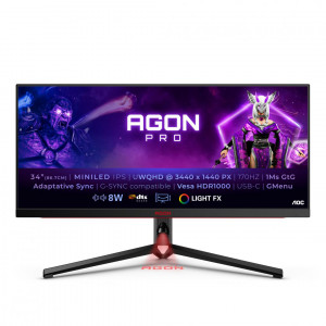 MONITOR AOC AG344UXM 34 inch, Panel Type: IPS, Backlight: MiniLED, Resolution: 2560x1440, Aspect Ratio: 21:9, Refresh Rate:170Hz, Response time GtG: 1ms, Brightness: 1000 cd/m², Contrast (static): 1000:1, Contrast (dynamic): 80M:1, Viewing angle: