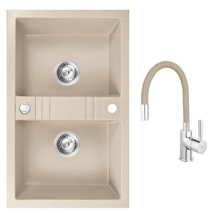 Set Chiuveta Ferro Mezzo II 2 Cuve 780x480 mm, bej si Baterie Ferro Zumba - baterie stativa bucatarie cu pipa flexibila, bej