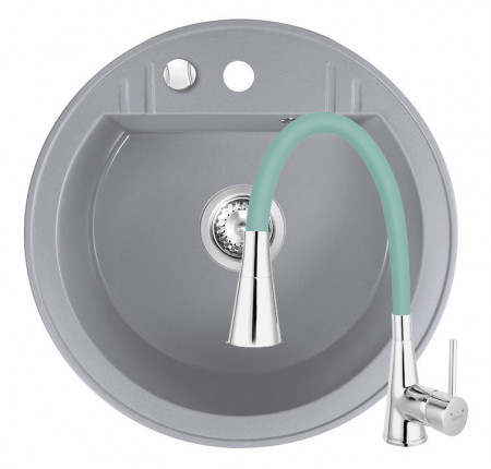 Set Chiuveta Ferro Mezzo II Rotunda cu o cuva Ø 51 cm, gri si Baterie Ferro Zumba II - baterie stativa bucatarie cu pipa flexibila, verde-menta