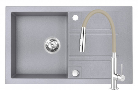 Set Chiuveta Ferro Mezzo II 1 Cuva si Picurator 780x480 mm, gri si Baterie Ferro Zumba Slim 2F - baterie stativa bucatarie cu pipa flexibila, bej
