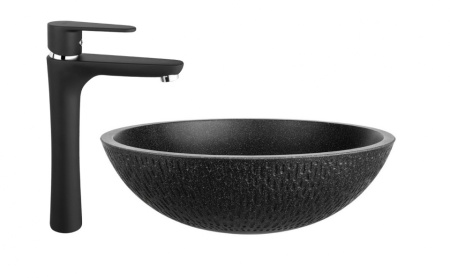 Pachet 2in1: VRR1721T - Lavoar pe blat granit rotund negru-grafit cu BAG2LBL - Algeo - baterie stativa lavoar inaltnegru mat
