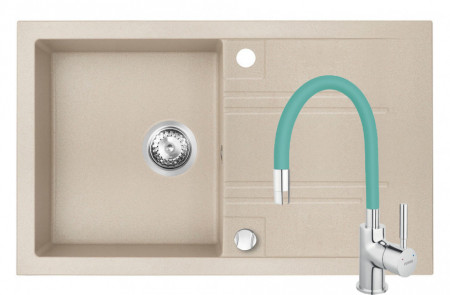 Set Chiuveta Ferro Mezzo II 1 Cuva si Picurator 780x480 mm, nisip si Baterie Ferro Zumba - baterie stativa bucatarie cu pipa flexibila, menta