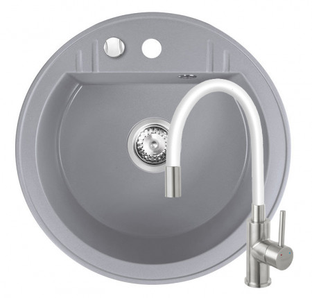 Set Chiuveta Ferro Mezzo II Rotunda cu o cuva Ø 51 cm, gri si Baterie Ferro Zumba Inox - baterie stativa bucatarie cu pipa flexibila, alb