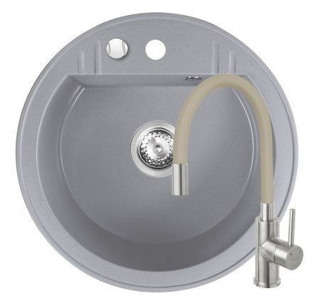 Set Chiuveta Ferro Mezzo II Rotunda cu o cuva Ø 51 cm, gri si Baterie Ferro Zumba Inox - baterie stativa bucatarie cu pipa flexibila, bej