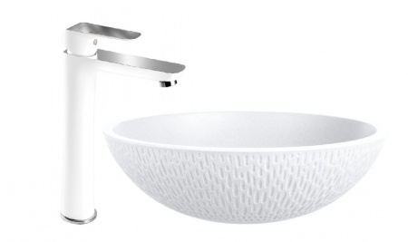 Pachet 2in1: VRR1621T - Lavoar granit rotund fara preaplin Ø410x135 mm , alb cu 38501/1,0 - Baterie stativa lavoar inalta, fara ventil Tina White