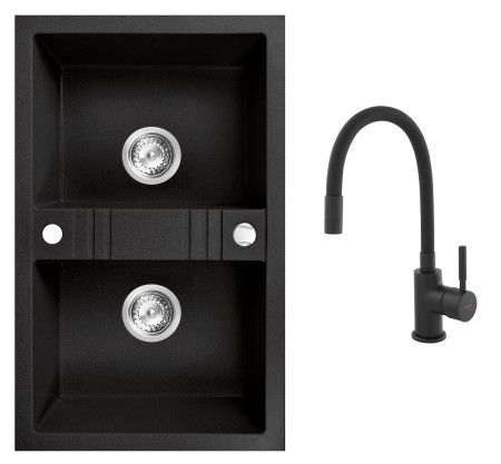Set Chiuveta Ferro Mezzo II 2 Cuve 780x480 mm, grafit si Baterie Ferro Zumba Nero - baterie stativa bucatarie cu pipa flexibila