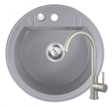 Set Chiuveta Ferro Mezzo II Rotunda cu o cuva Ø 51 cm, gri si Baterie Ferro Camira Inox - stativa bucatarie cu pipa lebada, mobila