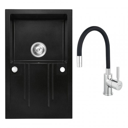 Set chiuveta Ferro granit 78x48 grafite cu baterie flexibila Ferro negru