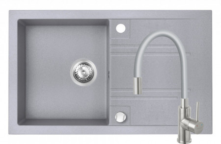 Set Chiuveta Ferro Mezzo II 1 Cuva si Picurator 780x480 mm, gri si Baterie Ferro Zumba Inox - baterie stativa bucatarie cu pipa flexibila, gri-argintiu
