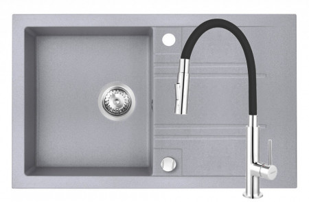 Set Chiuveta Ferro Mezzo II 1 Cuva si Picurator 780x480 mm, gri si Baterie Ferro Zumba Slim 2F - baterie stativa bucatarie cu pipa flexibila, negru