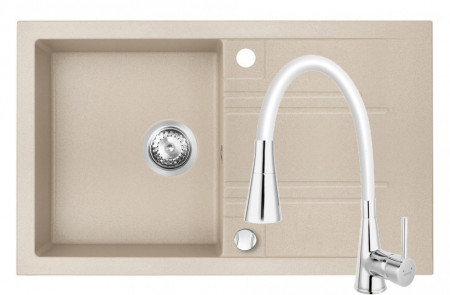 Set Chiuveta Ferro Mezzo II 1 Cuva si Picurator 780x480 mm, nisip si Baterie Ferro Zumba II - baterie stativa bucatarie cu pipa flexibila, alb