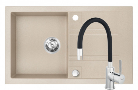 Set Chiuveta Ferro Mezzo II 1 Cuva si Picurator 780x480 mm, nisip si Baterie Ferro Zumba - baterie stativa bucatarie cu pipa flexibila, negru
