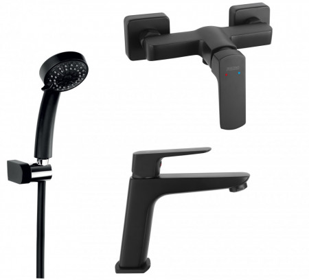 SET3IN1 VITTO BLACK VERDELINE - Baterie perete dus cu set de dus mobil cu Baterie stativa lavoar si set dus mobil