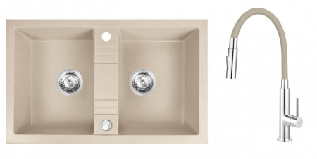 Pachet 2in1 Chiuveta Ferro Mezzo II 2 Cuve 780x480 mm, bej-nisip si Baterie Ferro Zumba Slim 2F - baterie stativa bucatarie cu pipa flexibila, bej