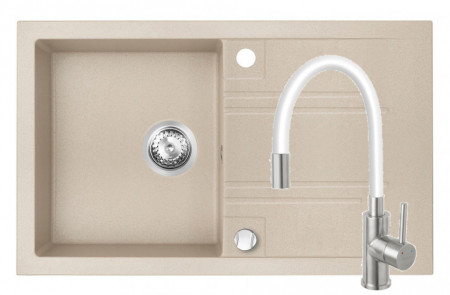 Set Chiuveta Ferro Mezzo II 1 Cuva si Picurator 780x480 mm, nisip si Baterie Ferro Zumba Inox - baterie stativa bucatarie cu pipa flexibila, alb