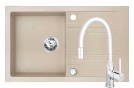 Set Chiuveta Ferro Mezzo II 1 Cuva si Picurator 780x480 mm, nisip si Baterie Ferro Zumba - baterie stativa bucatarie cu pipa flexibila, alb