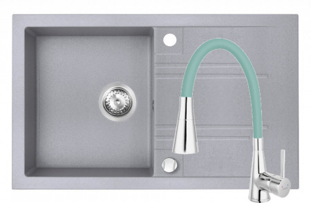 Set Chiuveta Ferro Mezzo II 1 Cuva si Picurator 780x480 mm, gri si Baterie Ferro Zumba II - baterie stativa bucatarie cu pipa flexibila, verde-menta