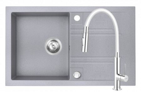 Set Chiuveta Ferro Mezzo II 1 Cuva si Picurator 780x480 mm, gri si Baterie Ferro Zumba Slim 2F - baterie stativa bucatarie cu pipa flexibila, alb