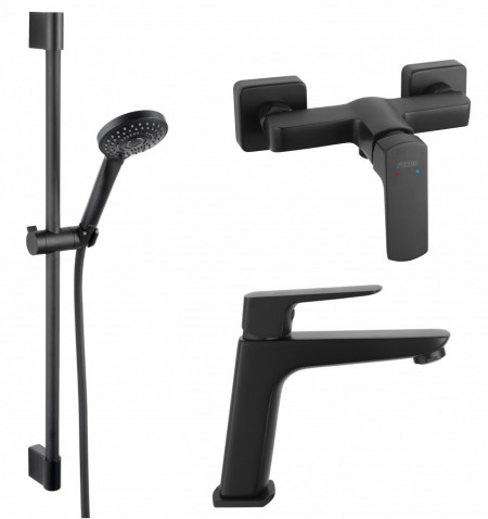 SET3IN1 VITTO BLACK VERDELINE - Baterie perete dus cu set de dus mobil cu Baterie stativa lavoar si set dus mobil horn black