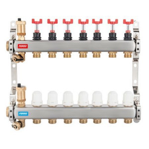 Distribuitor/colector Ferro tip SN-RZPU 1" din inox 7 circuite cu debitmetre si robineti termostatati - Img 1