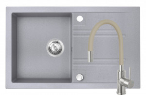Set Chiuveta Ferro Mezzo II 1 Cuva si Picurator 780x480 mm, gri si Baterie Ferro Zumba Inox - baterie stativa bucatarie cu pipa flexibila, bej - Img 1
