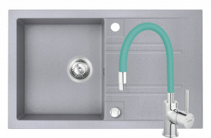Set Chiuveta Ferro Mezzo II 1 Cuva si Picurator 780x480 mm, gri si Baterie Ferro Zumba - baterie stativa bucatarie cu pipa flexibila, menta - Img 1