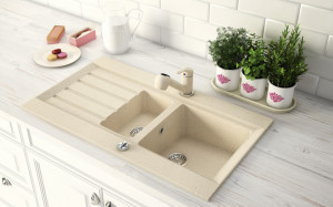 Set Chiuveta Ferro Mezzo II 1 Cuva si Picurator 780x480 mm, nisip si Baterie Ferro Freya8 - stativa bucatarie cu pipa extractibila, culoare nisip, cartus ceramic - Img 2