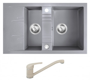 Set Chiuveta Ferro Mezzo II 2 Cuve si Picurator 780x480 mm, gri si Baterie Ferro Freya - baterie stativa bucatarie - Img 1