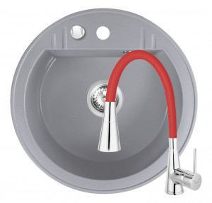 Set Chiuveta Ferro Mezzo II Rotunda cu o cuva Ø 51 cm, gri si Baterie Ferro Zumba II - baterie stativa bucatarie cu pipa flexibila, rosu - Img 1