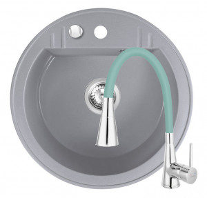 Set Chiuveta Ferro Mezzo II Rotunda cu o cuva Ø 51 cm, gri si Baterie Ferro Zumba II - baterie stativa bucatarie cu pipa flexibila, verde-menta - Img 1