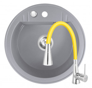 Set Chiuveta Ferro Mezzo II Rotunda cu o cuva Ø 51 cm, gri si Baterie Ferro Zumba II - baterie stativa bucatarie cu pipa flexibila, galben-lamaie - Img 1