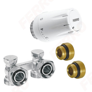 Set robinet radiator termostatic dublu coltar 3/4 + cap termostatat GT11 alim. din perete - Img 1