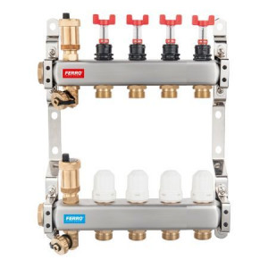 Distribuitor/colector Ferro tip SN-RZPU 1" din inox 4 circuite cu debitmetre si robineti termostatati - Img 1