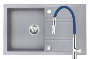 Set Chiuveta Ferro Mezzo II 1 Cuva si Picurator 780x480 mm, gri si Baterie Ferro Zumba Slim 2F - baterie stativa bucatarie cu pipa flexibila, albastru - Img 1