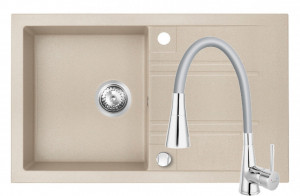 Set Chiuveta Ferro Mezzo II 1 Cuva si Picurator 780x480 mm, nisip si Baterie Ferro Zumba II - baterie stativa bucatarie cu pipa flexibila, gri - Img 1