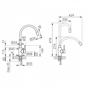 Set Chiuveta Ferro Mezzo II 1 Cuva si Picurator 780x480 mm, nisip si Baterie Ferro Zumba Inox - baterie stativa bucatarie cu pipa flexibila, alb - Img 5