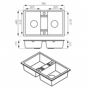 Set Chiuveta Ferro Mezzo II 2 Cuve 780x480 mm, grafit si Baterie Ferro Zumba Slim 2F - baterie stativa bucatarie cu pipa flexibila, negru - Img 7