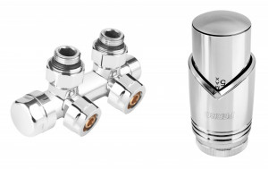 Set robinet dublu coltar pt. radiator tip-V cu alim. din perete, reversibil (stanga sau dreapta) si cap termostatat GT31, crom - Img 2