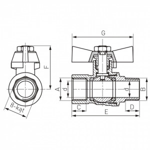 Robinet trecere din alama pt. apa PN40, 3/4" FI-FE cu sfera si fluture - Img 2