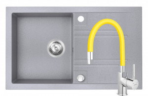 Set Chiuveta Ferro Mezzo II 1 Cuva si Picurator 780x480 mm, gri si Baterie Ferro Zumba - baterie stativa bucatarie cu pipa flexibila, galben-lamaie - Img 1