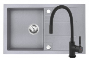 Set Chiuveta Ferro Mezzo II 1 Cuva si Picurator 780x480 mm, gri si Baterie Ferro Zumba Nero - baterie stativa bucatarie cu pipa flexibila - Img 1