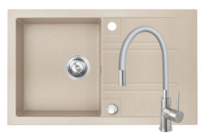 Set Chiuveta Ferro Mezzo II 1 Cuva si Picurator 780x480 mm, nisip si Baterie Ferro Zumba Inox - baterie stativa bucatarie cu pipa flexibila, gri-argintiu - Img 1