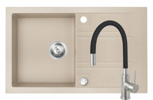 Set Chiuveta Ferro Mezzo II 1 Cuva si Picurator 780x480 mm, nisip si Baterie Ferro Zumba Inox - baterie stativa bucatarie cu pipa flexibila, neagra - Img 1
