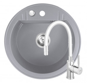 Set Chiuveta Ferro Mezzo II Rotunda cu o cuva Ø 51 cm, gri si Baterie Ferro Zumba - baterie stativa bucatarie cu pipa flexibila, alb - Img 1