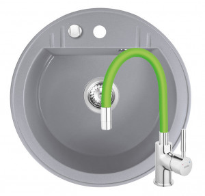 Set Chiuveta Ferro Mezzo II Rotunda cu o cuva Ø 51 cm, gri si Baterie Ferro Zumba - baterie stativa bucatarie cu pipa flexibila, verde - Img 1