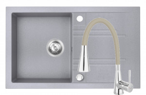 Set Chiuveta Ferro Mezzo II 1 Cuva si Picurator 780x480 mm, gri si Baterie Ferro Zumba II - baterie stativa bucatarie cu pipa flexibila, bej - Img 1