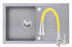 Set Chiuveta Ferro Mezzo II 1 Cuva si Picurator 780x480 mm, gri si Baterie Ferro Zumba II - baterie stativa bucatarie cu pipa flexibila, galben-lamaie - Img 1